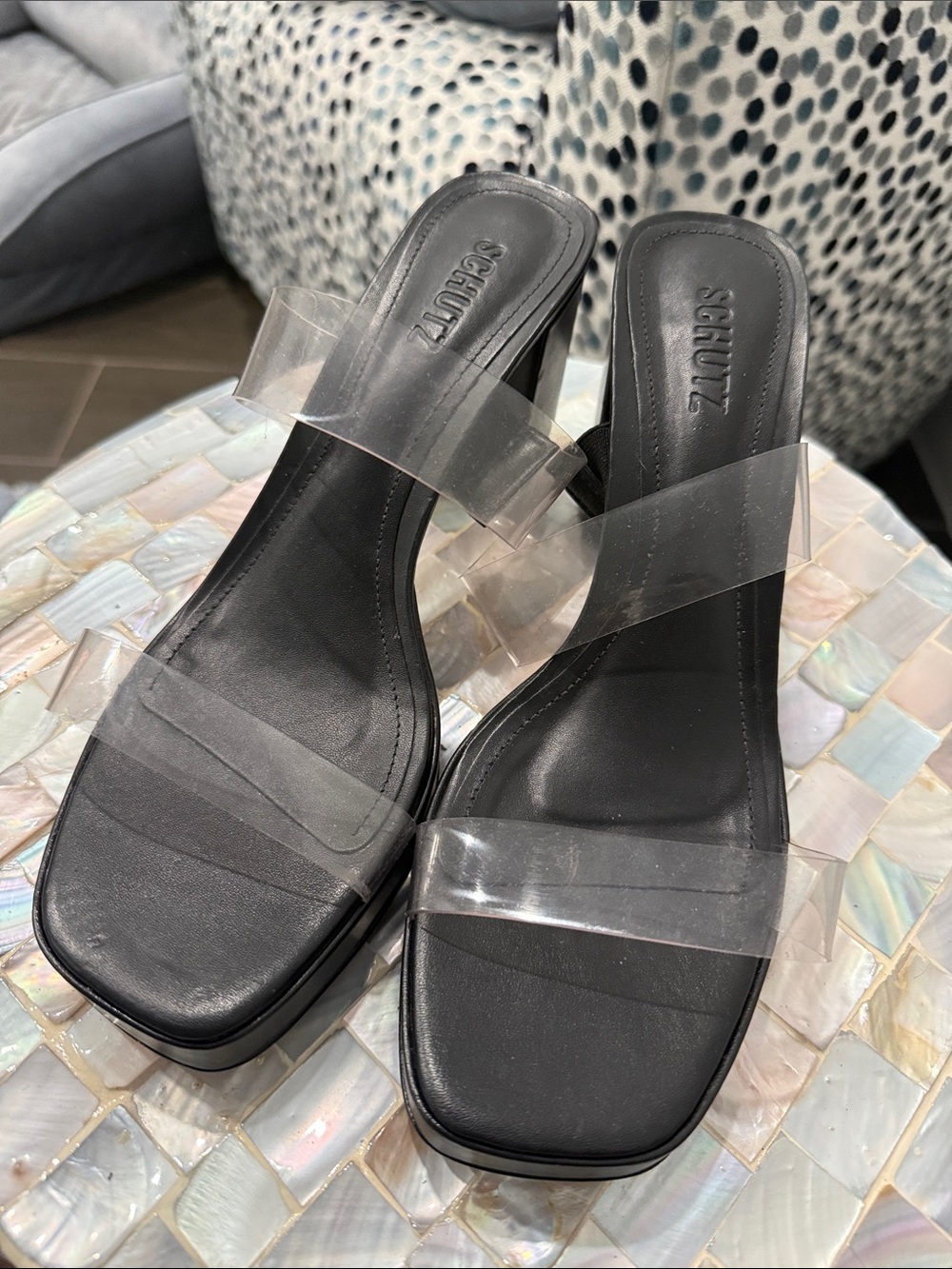SCHUTZ Black Slide Sandals with Clear Straps